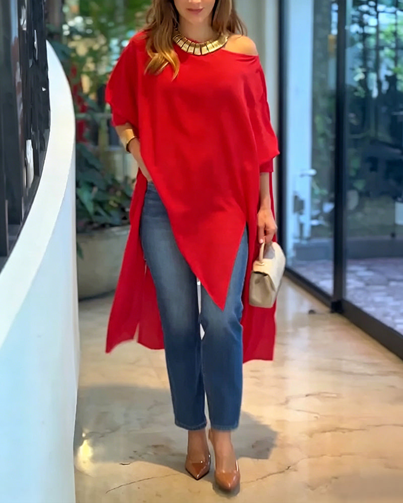 Women's Skew Neck Batwing Sleeve Tee Asymmetric Loose Cape Blouse Slit Elegant Top - Image 3