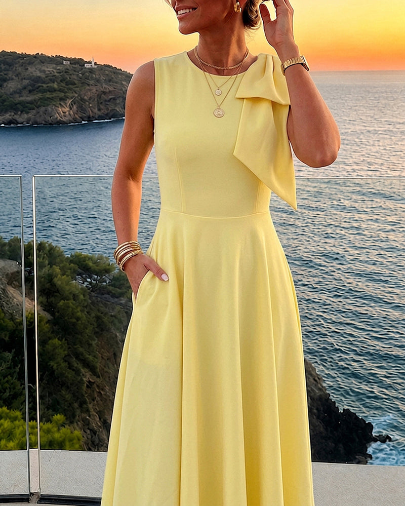 Women's Bowknot A Line Midi Dress Sleeveless Crewneck High Waist Party Dress Elegant Evening Gown - Image 4