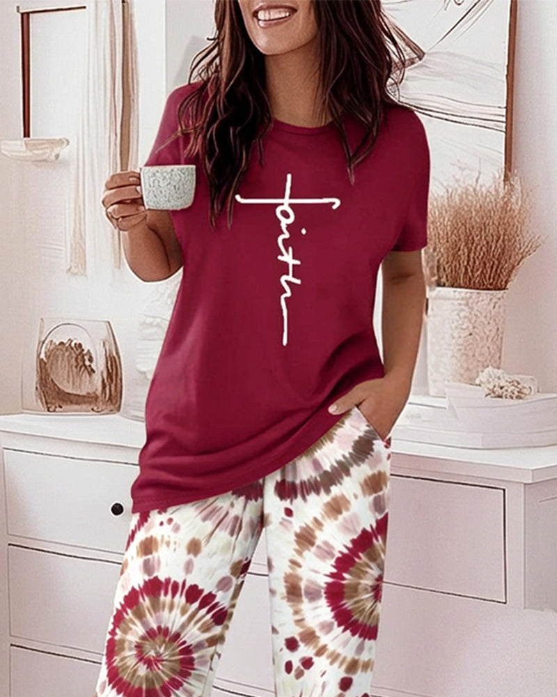 2 Pieces Outfit Faith Letter Print Short Sleeve Top and Tie Dye Print Elastic Waist Pants Set Casual Pajamas Set - Image 6