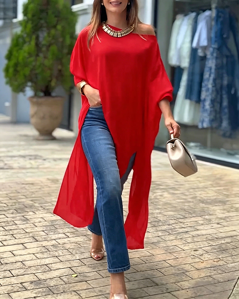 Women's Skew Neck Batwing Sleeve Tee Asymmetric Loose Cape Blouse Slit Elegant Top - Image 5