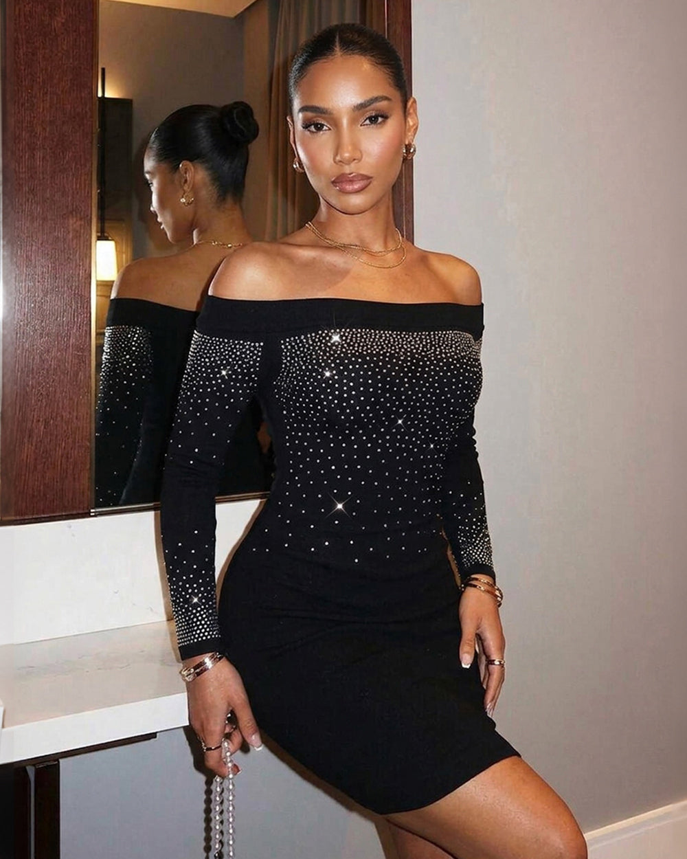 Women's Off-Shoulder Rhinestone Bodycon Mini Dress Long Sleeve Sparkling Party Gown High Waist Sexy Clubwear - Image 6