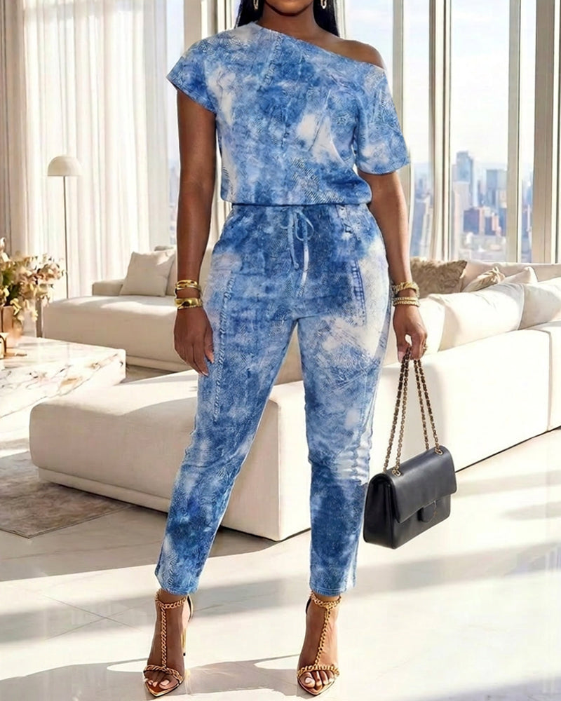 Women's Denim?Look Print Skew Neck Jumpsuit Short Sleeve Drawstring Waist Slim Fit Overalls - Image 3