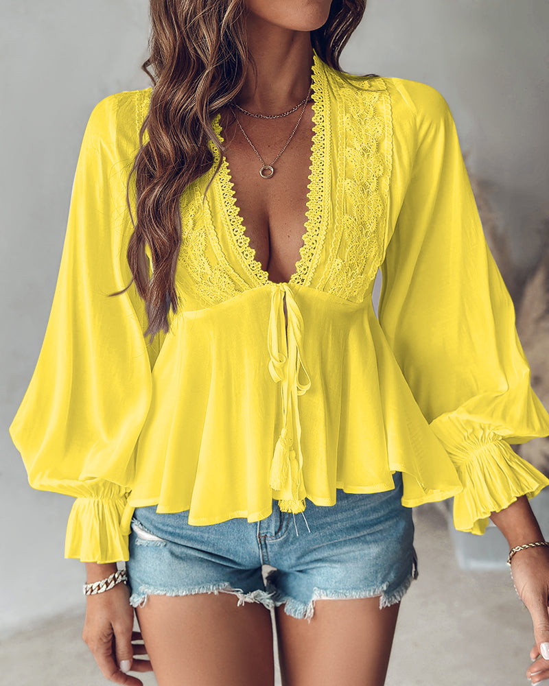 Butterfly Pattern Decor Deep V Neck Long Sleeve Blouse Casual Tie Front Flared Cuffs Lace Trim A-Line Hem Top - Image 8