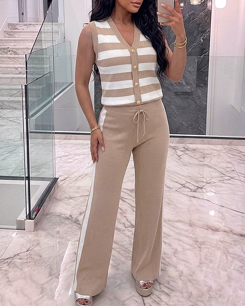 Women's 2 Piece Knit Outfits Striped V Neck Sleeveless Top and Side Stripe Straight Leg Pants Set Casual Loungewear - Image 6