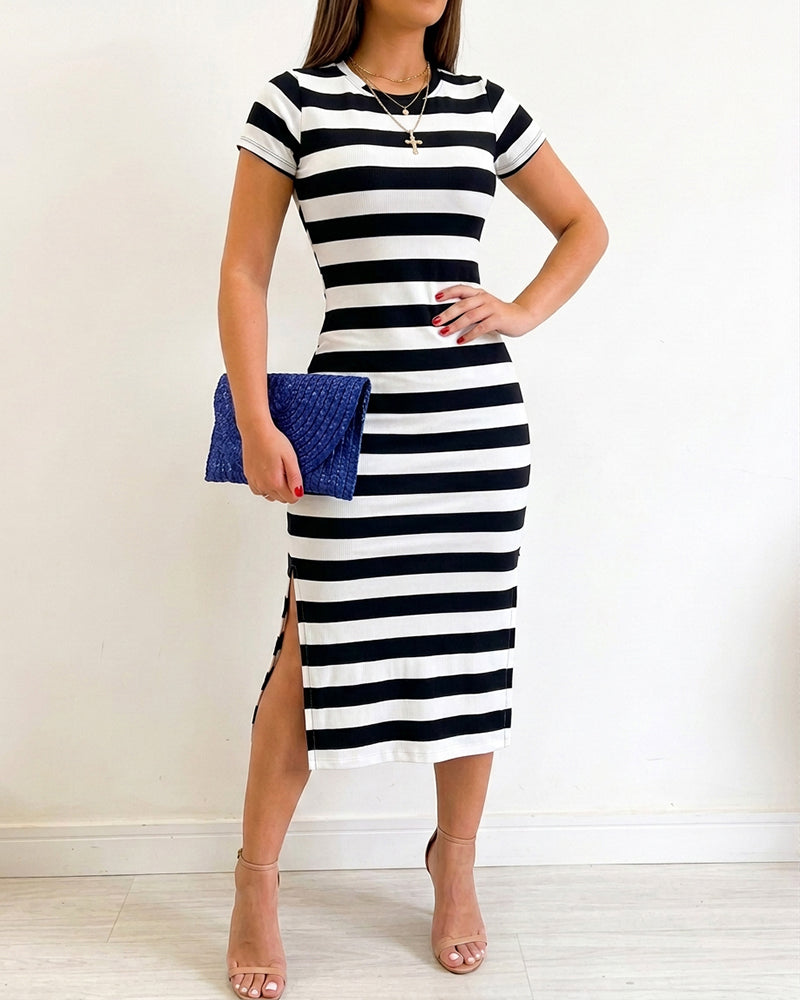 Women's Casual Striped Midi Dress Short Sleeve Crewneck Tie Waist T Shirt Dress Side Slit Commuting Dress - Image 4
