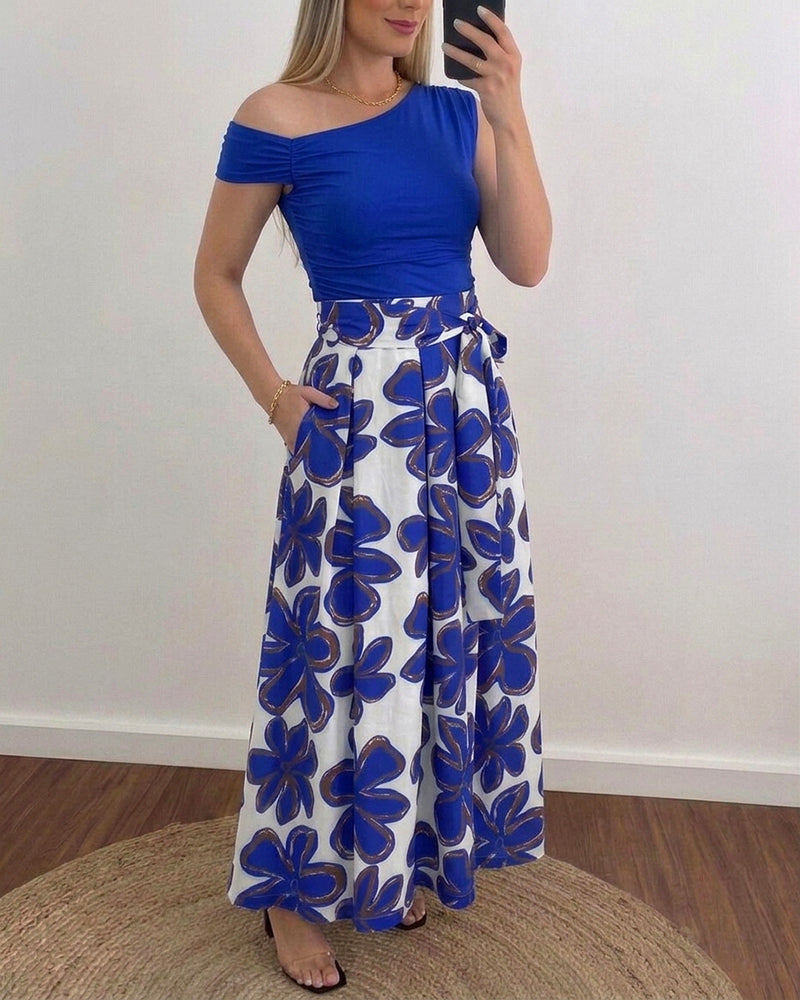 Women's 2 Piece Skirt Set Skew Neck Ruched Slim Fit Top and High Waisted Floral Print A Line Skirt with Pockets - Image 4
