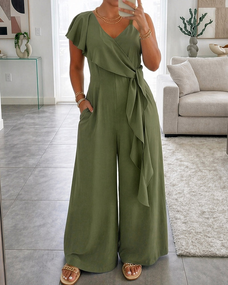 V-Neck Adjustable Spaghetti Straps Backless Overalls Casual Zipper Back Wide Leg Jumpsuit with Convertible Ruffles Tie Panel - Image 5