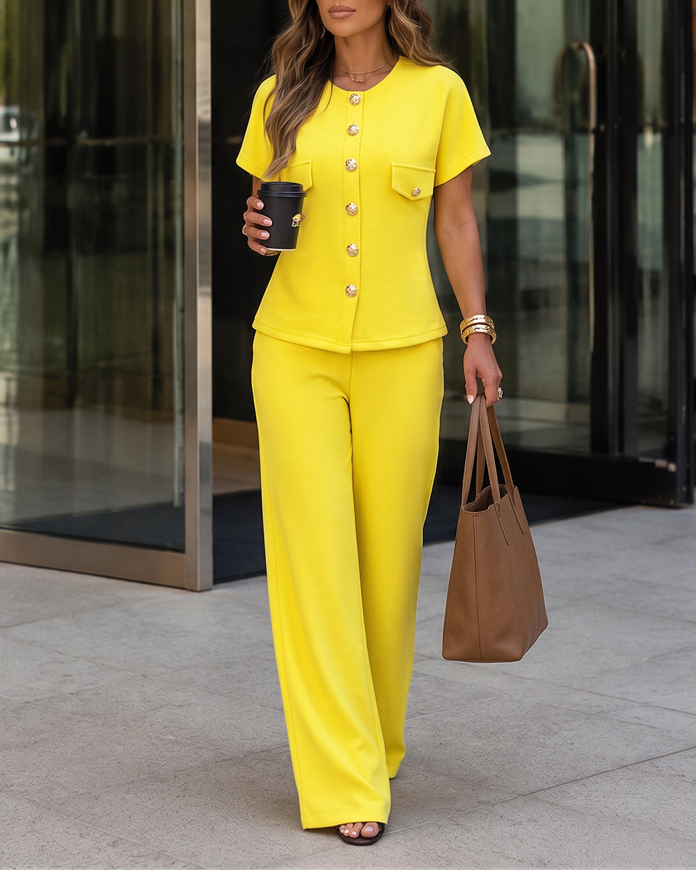 Women's 2 Piece Outfits Short Sleeve Button Down Top and Straight Leg Pants Set Casual Commuter Suits - Image 3