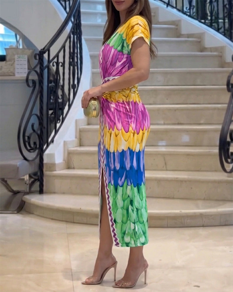 Multi-color Print Deep V-Neck Front Slit Dress Casual Twist Front Cinched Waist Vacation Dress - Image 3