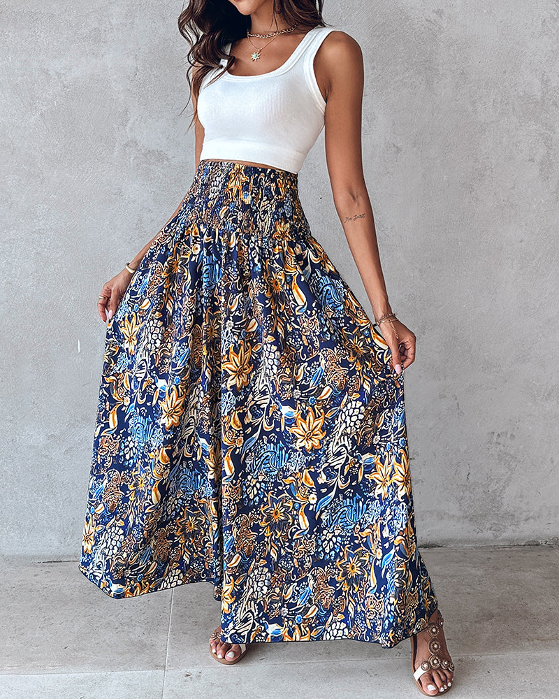 Boho Vintage Floral Print Shirred High Waist Wide Leg Pants - Image 3
