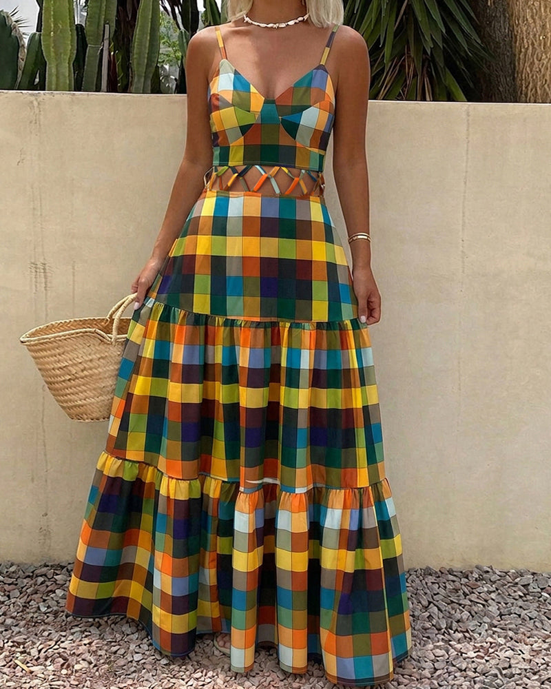 Women's Colorblock Plaid Hollow-out Maxi Dress V Neck Backless Ruffle Cami Dress Casual Shirred Beach Sundress - Image 6