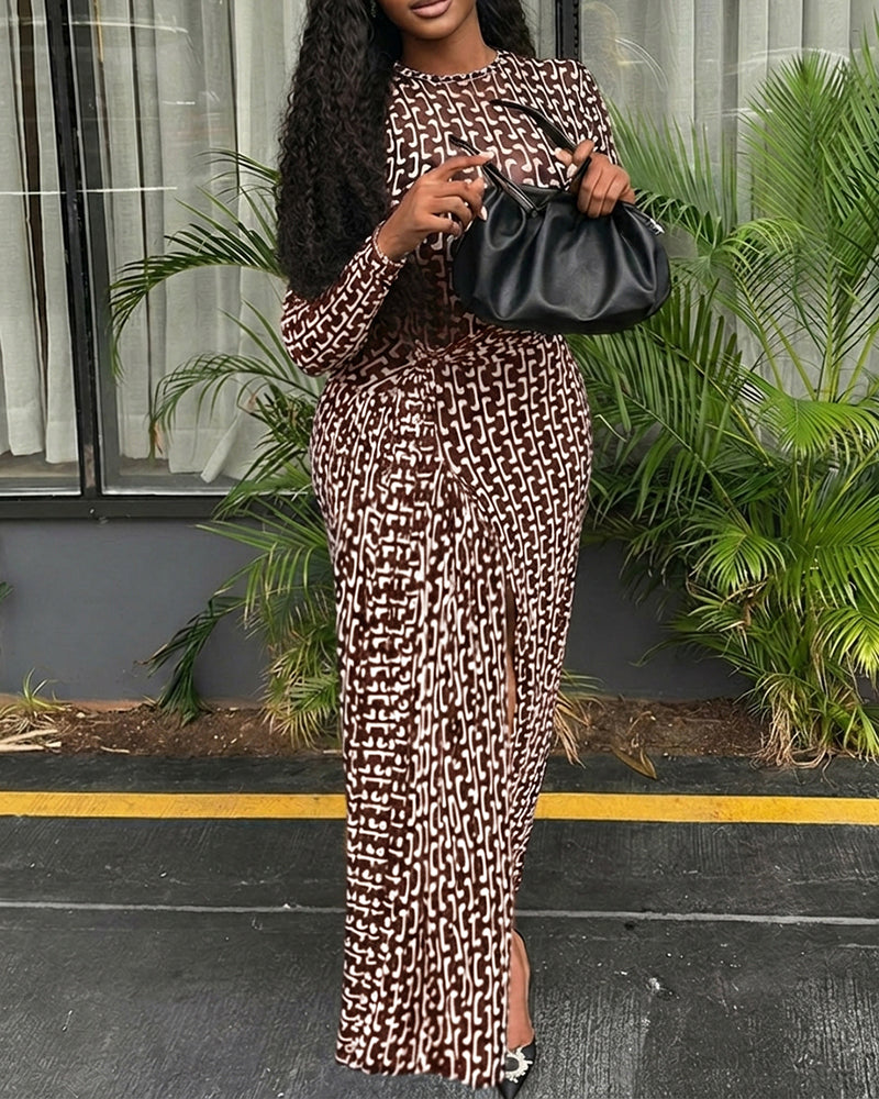 Geometric Print Long Sleeve Waist Tied Detail Maxi Dress Casual Slim Fit Slit Vacation Dress - Image 10