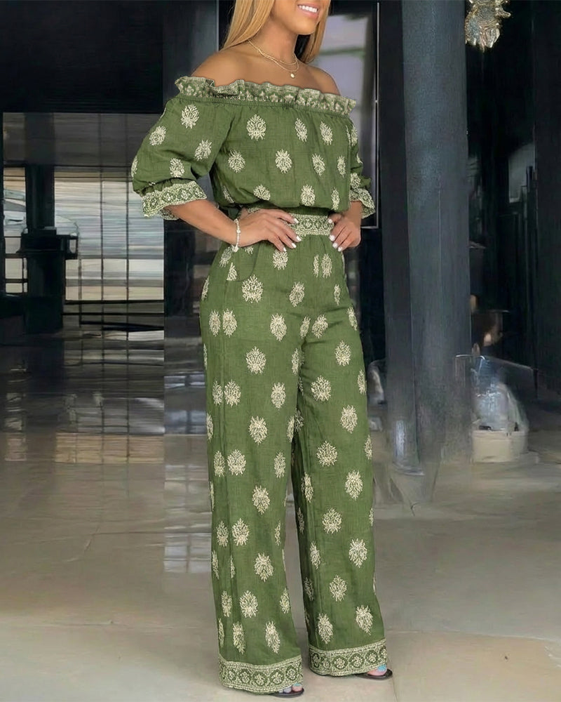 2 Pieces Outfit Stretchy Off Shoulder Half Sleeve Flared Cuffs Stretchy Hem Top and High Waist Elastic Back Waist Wide Leg Pants Set Casual Vintage Print Vacation Set - Image 3
