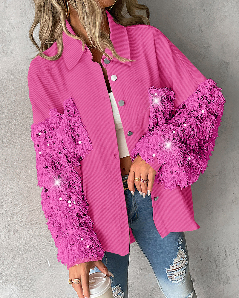 Contrast Sequin Turn-down Collar Long Sleeve Tassel Design Fuzzy Shacket with Pocket - Image 6
