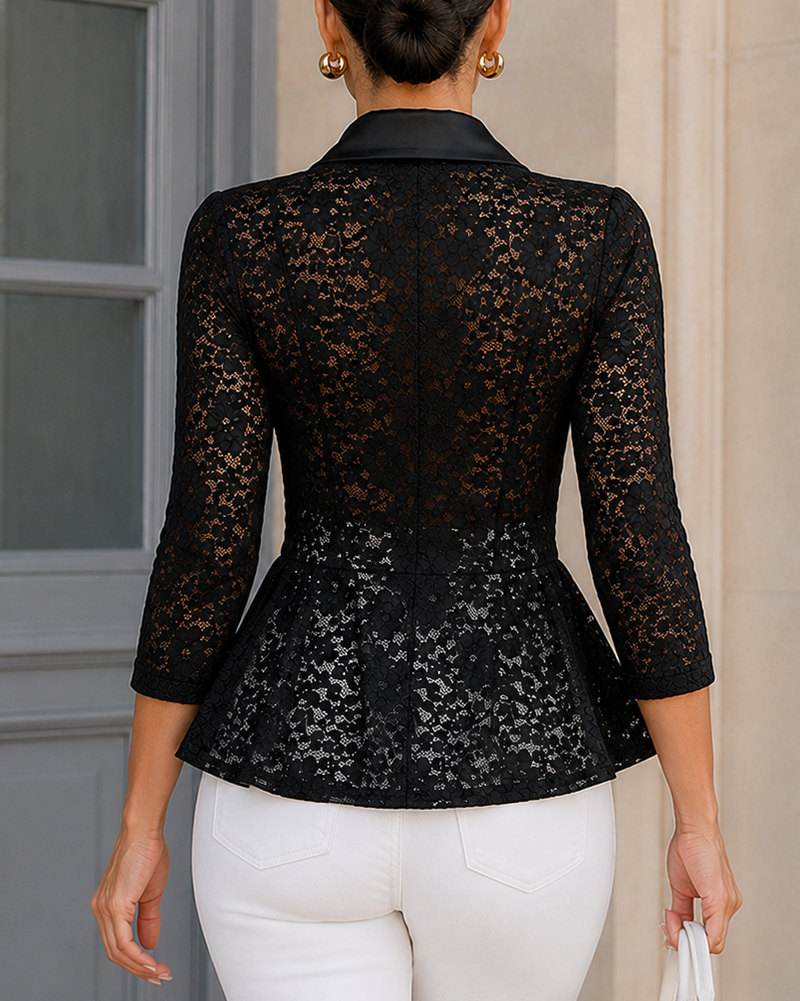 Women's Lace Patchwork Blazer Elegant Shawl Lapel Peplum Coat Single Breasted Three Quarter Sleeve Outwear - Image 2
