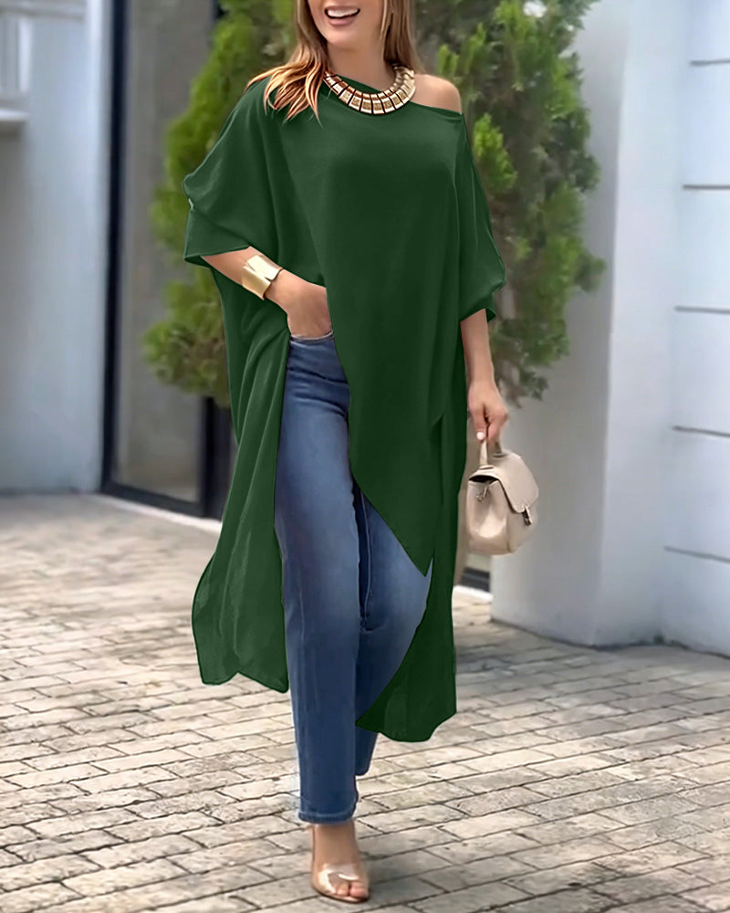 Women's Skew Neck Batwing Sleeve Tee Asymmetric Loose Cape Blouse Slit Elegant Top - Image 20