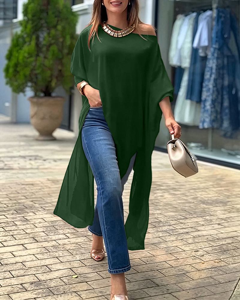 Women's Skew Neck Batwing Sleeve Tee Asymmetric Loose Cape Blouse Slit Elegant Top - Image 22