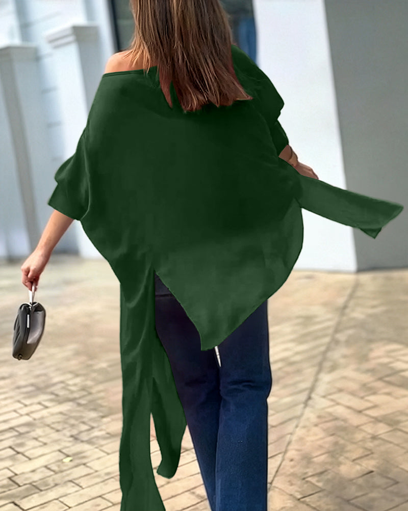 Women's Skew Neck Batwing Sleeve Tee Asymmetric Loose Cape Blouse Slit Elegant Top - Image 21