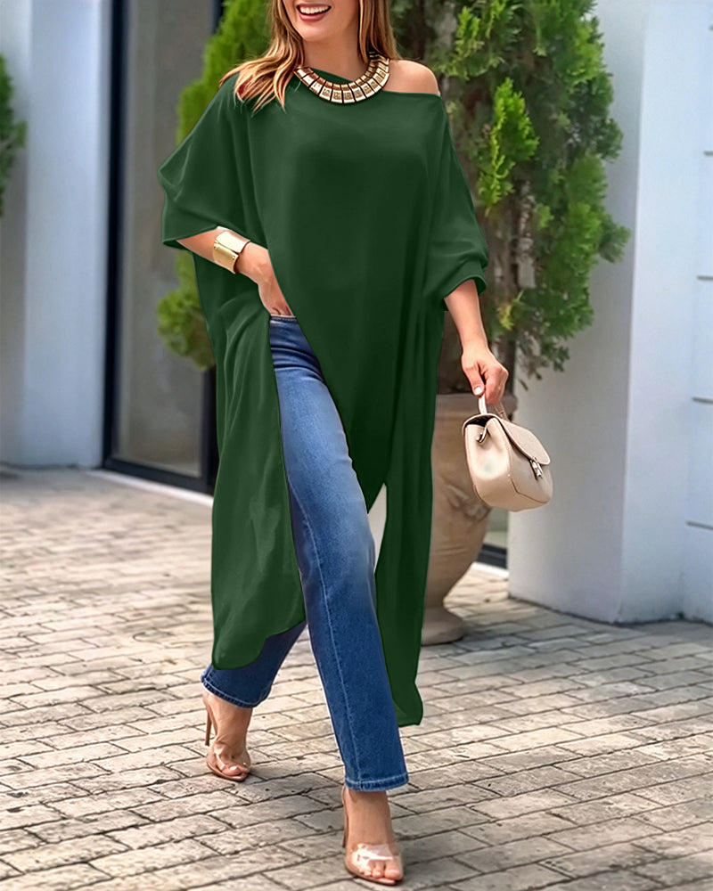 Women's Skew Neck Batwing Sleeve Tee Asymmetric Loose Cape Blouse Slit Elegant Top - Image 24