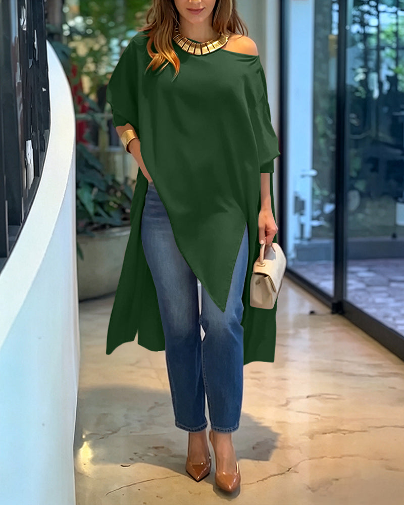 Women's Skew Neck Batwing Sleeve Tee Asymmetric Loose Cape Blouse Slit Elegant Top - Image 23