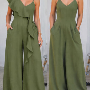 V-Neck Adjustable Spaghetti Straps Backless Overalls Casual Zipper Back Wide Leg Jumpsuit with Convertible Ruffles Tie Panel