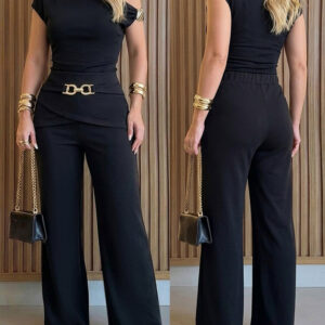 CHICME Women's 2 Piece Set Skew Neck Slim Fit Top and Elastic Waist Flare Pants with Metal Detail