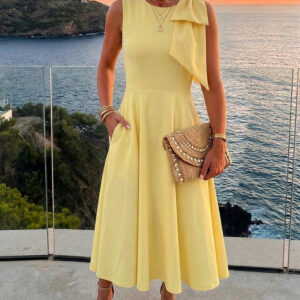 Women's Bowknot A Line Midi Dress Sleeveless Crewneck High Waist Party Dress Elegant Evening Gown
