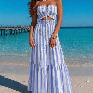 Women's Striped Tube Maxi Dress Sexy Cutout Bodycon Mermaid Dress Ruched Shirred Drawstring Vacation Dress