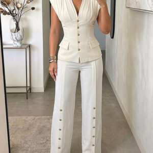 Women's 2-Piece Elegant Set Deep V-Neck Sleeveless Backless Pleated Top and Wide-Leg Pants Formal Outfit