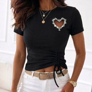 Women's Heart Cutout Rhinestone T-Shirt Short Sleeve Side Drawstring Ruched Top Slim Fit Sparkly Party Tee