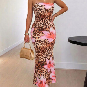 Women's Strapless Leopard Floral Print Mermaid Dress Sleeveless Bodycon Maxi Dress Tropical Vacation Party Gown