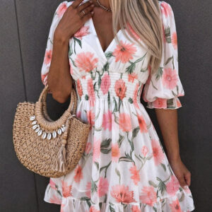 Floral Print Overlap Deep V-Neck Half Sleeve Shirred Waist A Line Dress Casual Flared Cuffs Ruffle Hem Chiffon Dress