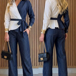 Women's 2-Piece Denim Set Asymmetric Contrast Peplum Top and High Waist Wide Leg Jeans Set with Belt