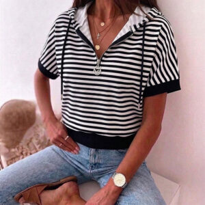 Women's Striped Half Zip Drawstring Hoodie Short Sleeve Sweatshirt Loose Contrast Trim Casual Pullover Top