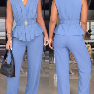 2 Pieces Outfit Pleated Design Deep V-Neck Sleeveless Asymmetrical Hem Top and Casual Elastic Waist Wide Leg Pants Set with Detachable Belt