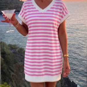 Women's Striped V-Neck T-Shirt Dress Summer Casual Short Sleeve Mini Dress Loose Fit Vacation Dress with Pockets