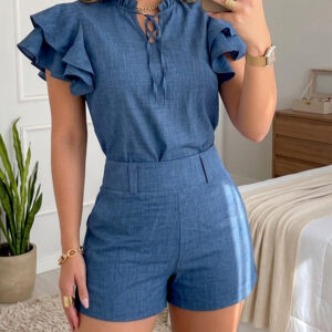 Women's Denim Look Two Piece Set Ruffle Short Sleeve Tie Neck Top and High Waist Shorts Casual Matching Set