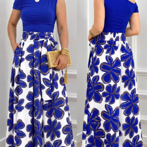 Women's 2 Piece Skirt Set Skew Neck Ruched Slim Fit Top and High Waisted Floral Print A Line Skirt with Pockets