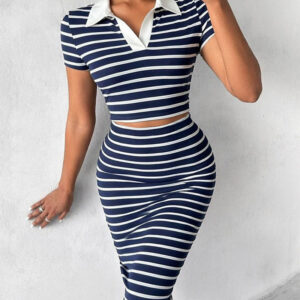 Women's Striped 2 Piece Knit Outfits Crop Polo Top and High Waisted Maxi Skirt Set Casual Matching Set
