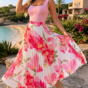 2 Pieces Outfit Square Neck Sleeveless Slim Fit Top and Watercolor Floral Print High Waist Elastic Waist Pleated Maxi Skirt Set
