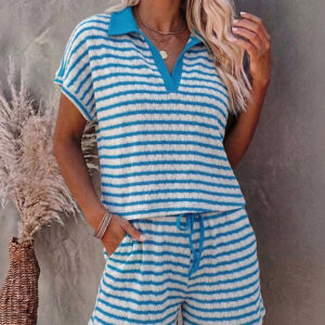 Women's Stripe Textured Two Piece Outfits Polo Top and Drawstring High Waisted Shorts Casual Lounge Set