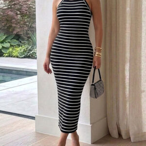 Women's Striped Halter Maxi Dress Sleeveless Ribbed Knit Dress Elegant Back Slit Slim Fit Casual Sundress