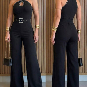 Rhinestone Decor Criss Cross Halter Sleeveless Hollow Water Drop Front Overalls Elegant High Waist Zipper Back Jumpsuit with Rhinestone Decor Belt