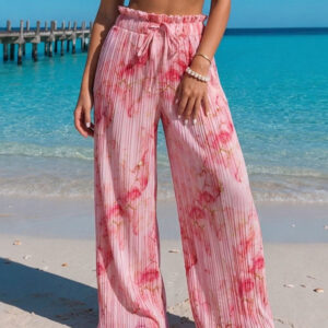 Women's Tie Dye Print Pleated Wide Leg Pants High Waisted Flowy Palazzo Pants Drawstring Lounge Pants with Pockets