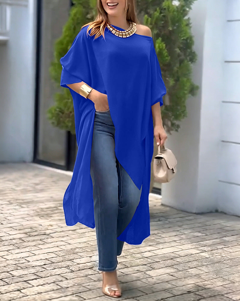 Women's Skew Neck Batwing Sleeve Tee Asymmetric Loose Cape Blouse Slit Elegant Top - Image 26