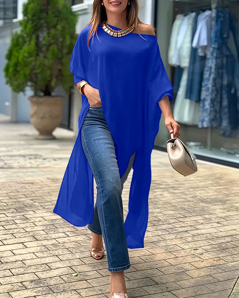 Women's Skew Neck Batwing Sleeve Tee Asymmetric Loose Cape Blouse Slit Elegant Top - Image 30