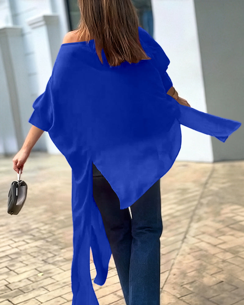Women's Skew Neck Batwing Sleeve Tee Asymmetric Loose Cape Blouse Slit Elegant Top - Image 27