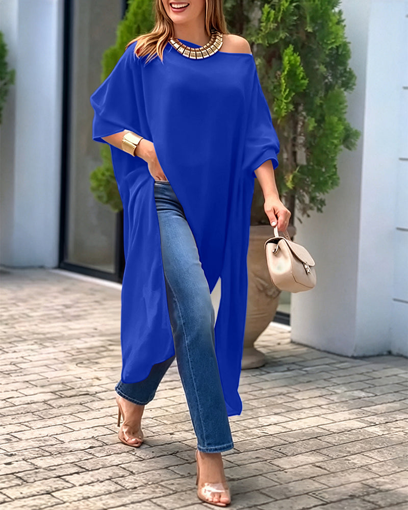 Women's Skew Neck Batwing Sleeve Tee Asymmetric Loose Cape Blouse Slit Elegant Top - Image 28