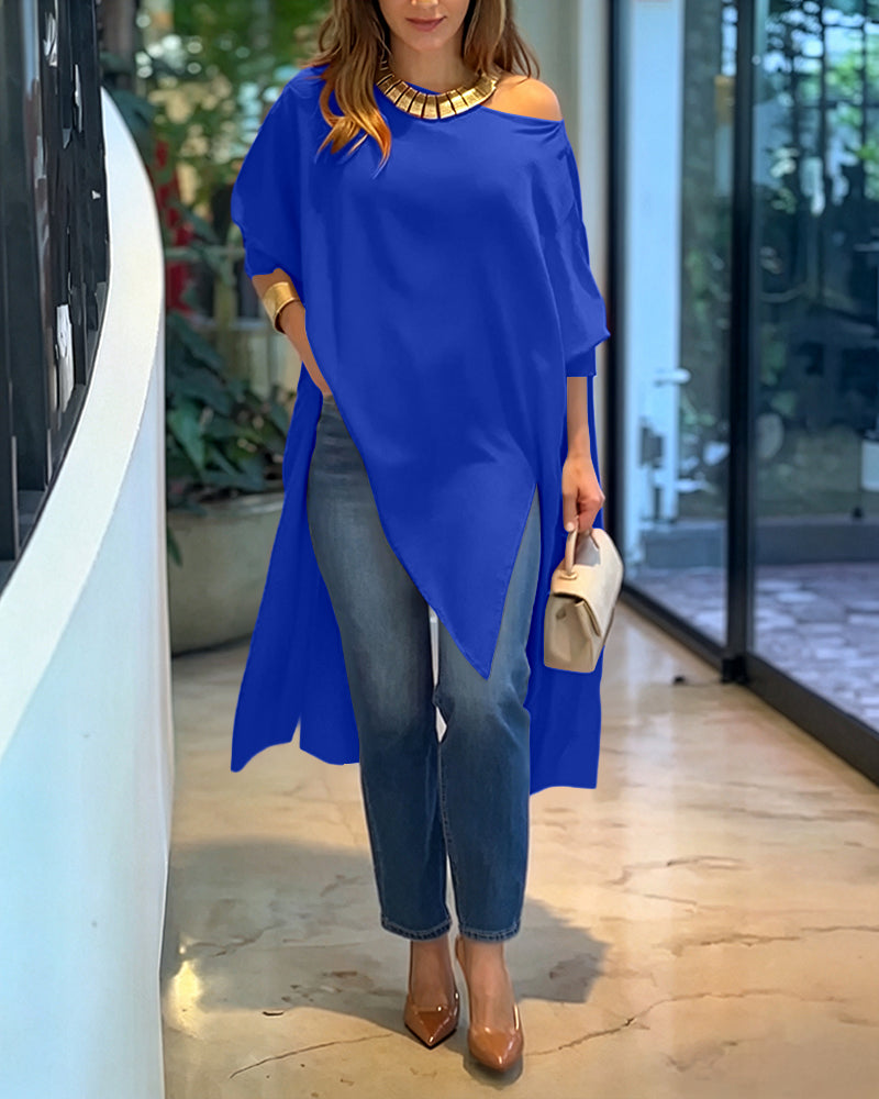 Women's Skew Neck Batwing Sleeve Tee Asymmetric Loose Cape Blouse Slit Elegant Top - Image 29