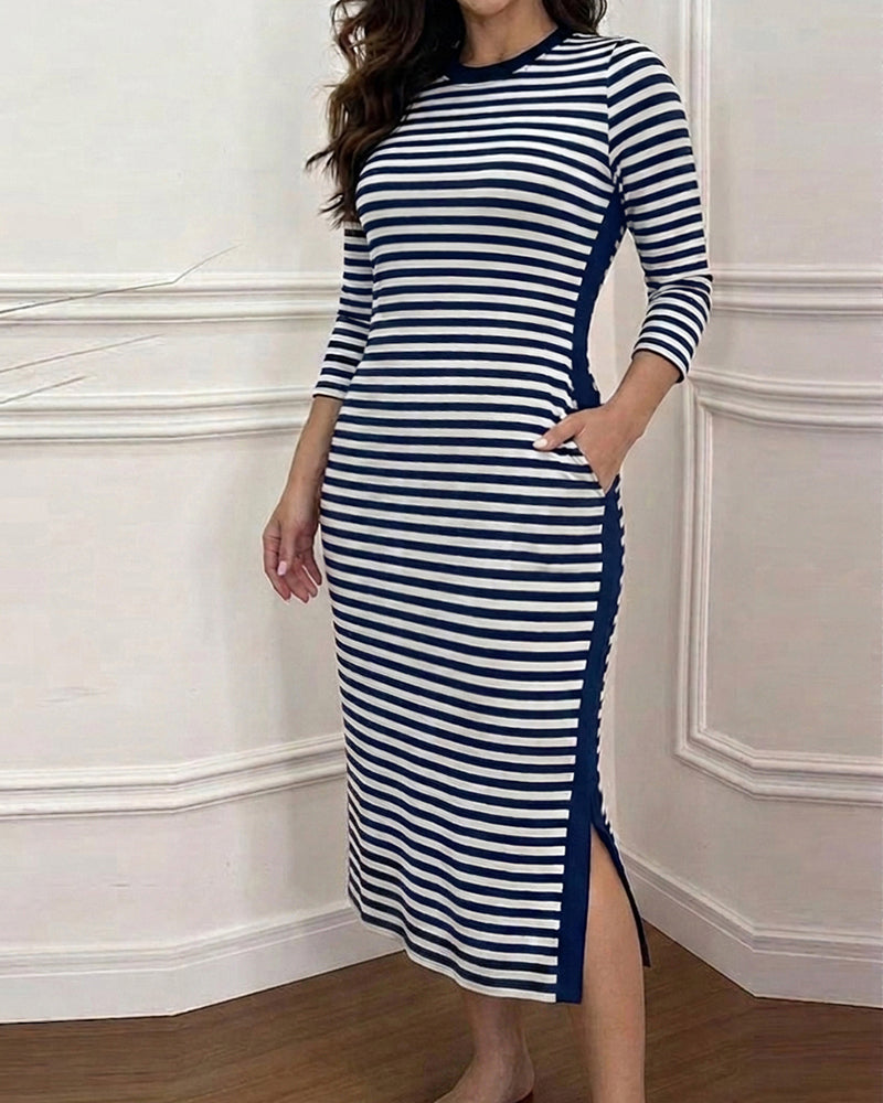 Women's Casual Striped Midi Dress Long Sleeve Crewneck Contrast Side Panel Side Slit T-Shirt Knit Dress with Pockets - Image 5